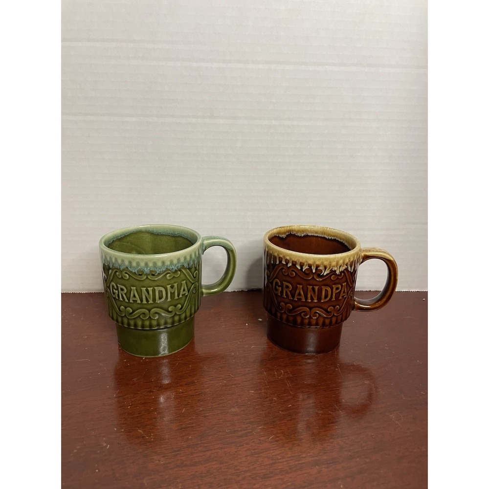 Pair Vintage Grandma Grandpa Glaze Brown & Green Stacking Coffee 2 Mugs Japan
